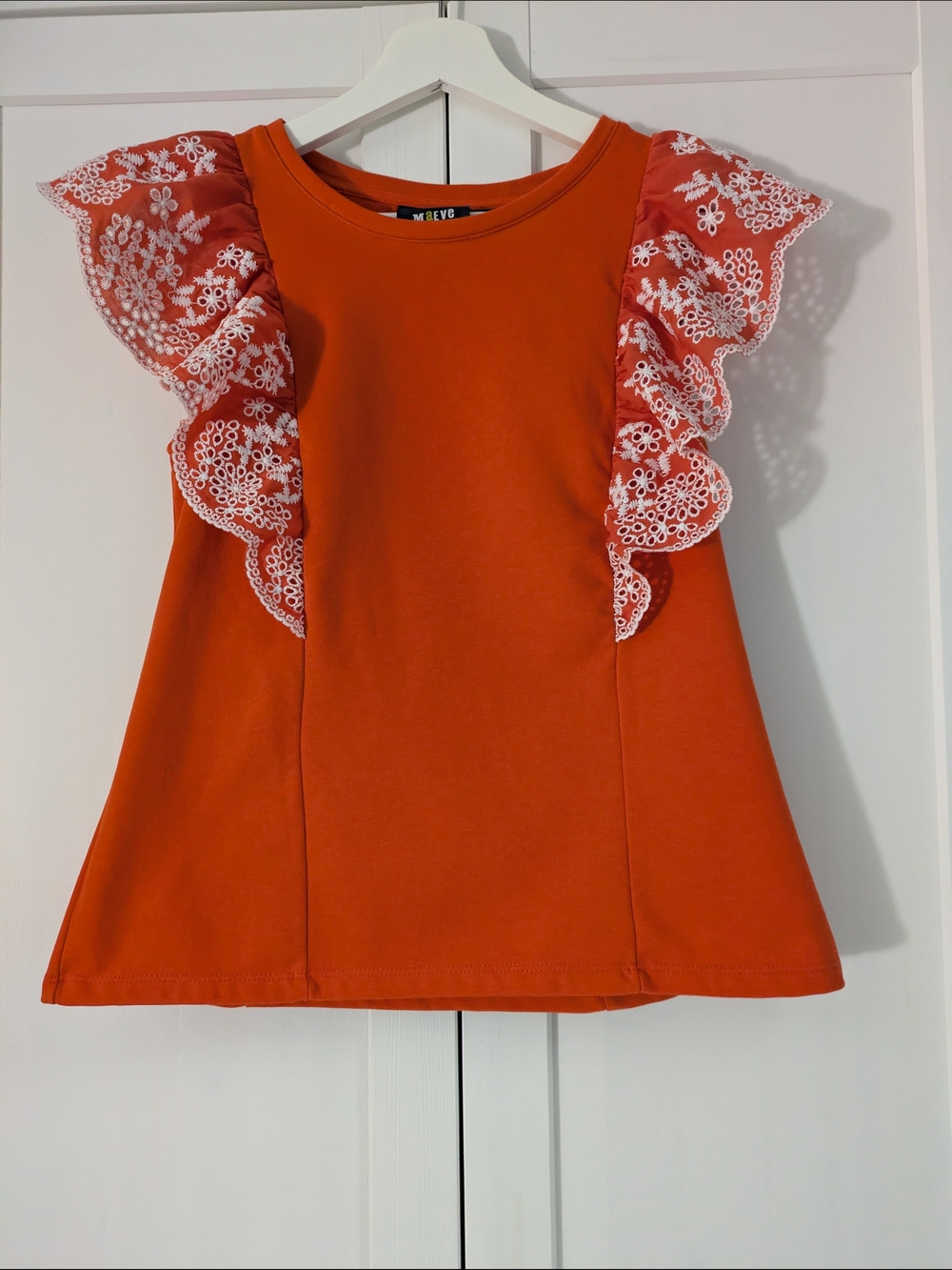 Maeve By Anthropologie Orange Top With Embroidered Ruffles Boho Chic Size Small